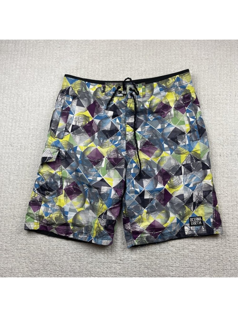 Y2K Ocean & Earth Boardshorts Mens Sz XL Surf Swim Trunks Goth Grunge Skull AOP
